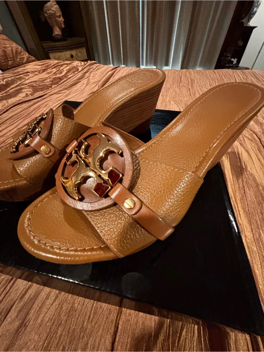 Tory Burch Cognac Leather Logo Wedge Slides